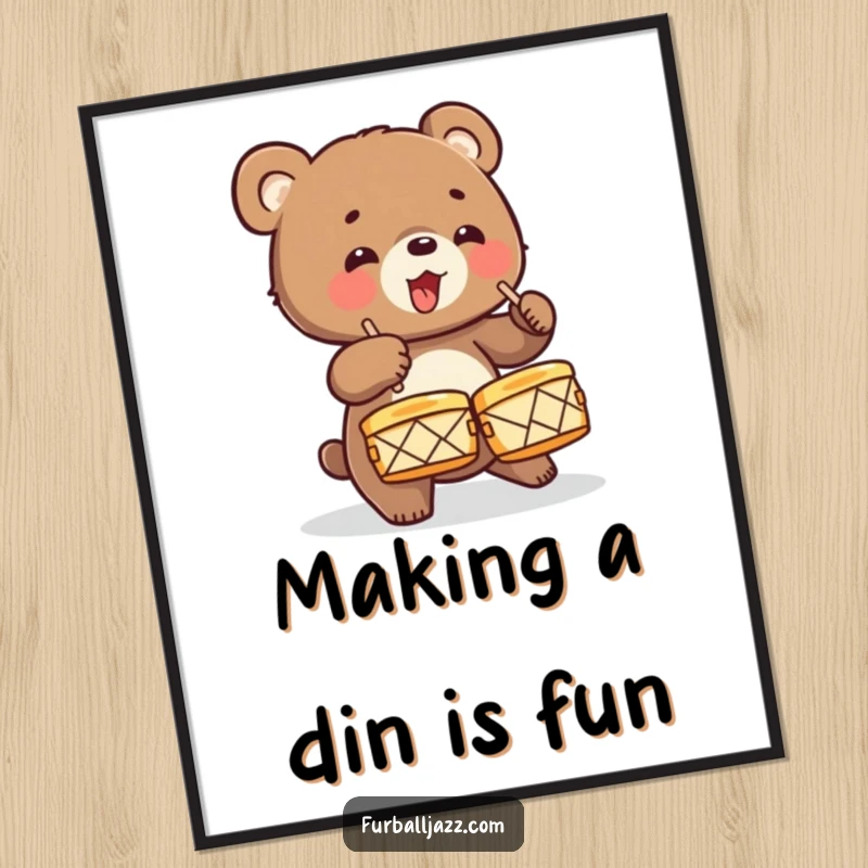 Funny Free Printable Wall Art: A small bear cub energetically banging on cymbals, full of wild enthusiasm