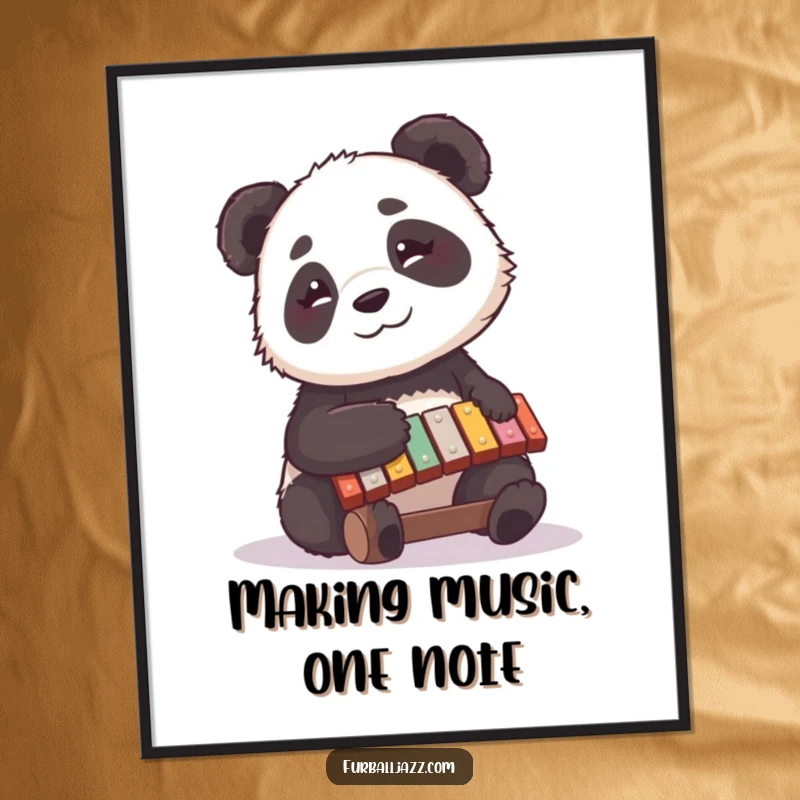 Funny Free Printable Wall Art: A curious panda happily playing a xylophone with a sweet, contemplative look, decor.