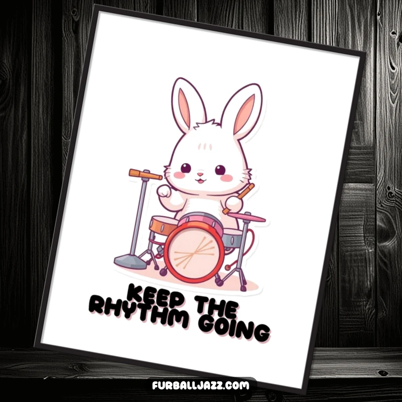 Funny Free Printable Wall Art: A fluffy rabbit enthusiastically tapping a beat on a miniature drum set, decor.