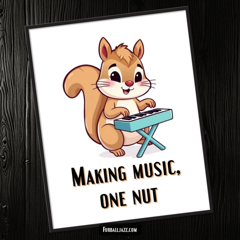 Funny Free Printable Squirrel Wall Art: An energetic squirrel character passionately playing a tiny piano.