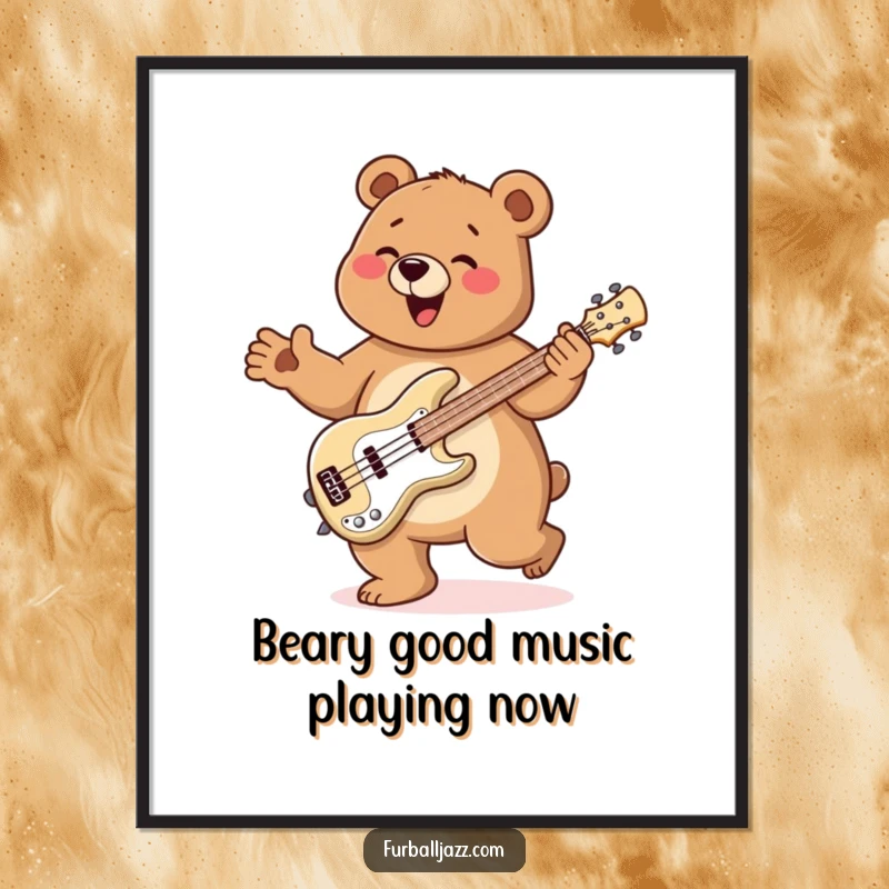 Funny Free Printable Wall Art: Bear doing a happy jig, playing a bass guitar, a rockin' downloadable piece.