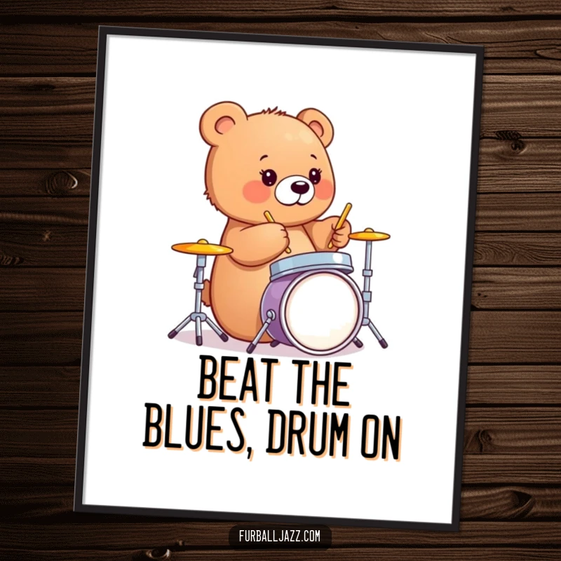 Funny Free Printable Wall Art: Energetic bear cub playing a miniature drum set with infectious joy.