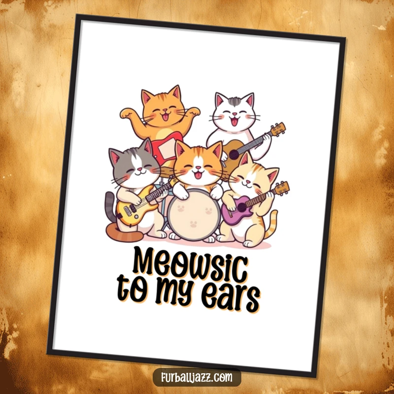 Funny Free Printable Wall Art: A group of cats enthusiastically playing musical instruments together in a jam session.