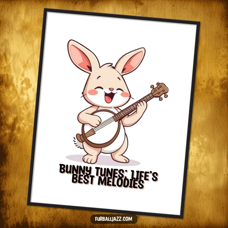 Funny Free Printable Wall Art: Energetic rabbit joyfully strumming a banjo, radiating musical happiness. Quirky downloadable decor.