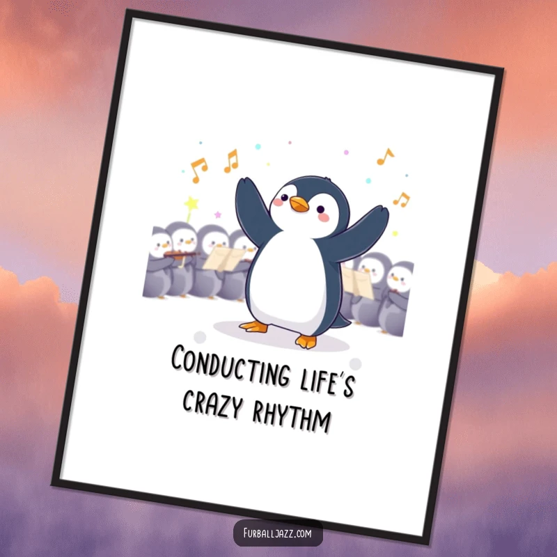 Funny Free Printable Wall Art: Penguin character conducting an invisible orchestra with dramatic flair. Exquisite downloadable decor.