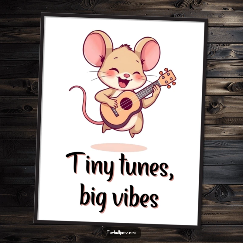 Funny Free Printable Wall Art: An energetic mouse passionately plays a tiny ukulele, bringing a lively musical vibe to your space.