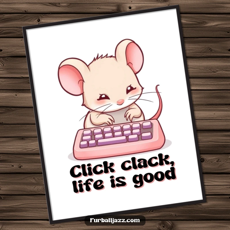 Funny Free Printable Wall Art: A happy mouse is diligently typing on a miniature keyboard with focused delight.