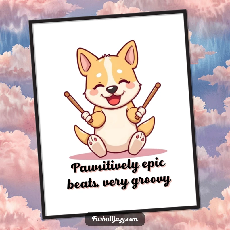 Free printable wall art of an excited dog enthusiastically tapping drumsticks on its knees, a fun and energetic design.