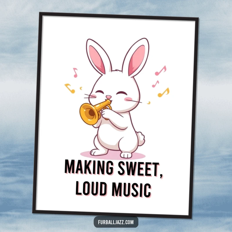 Funny Free Printable Wall Art: A joyful rabbit plays a trumpet, with colorful musical notes filling the space.