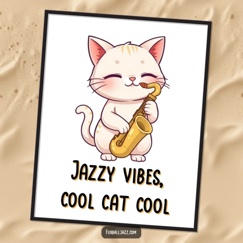 Free printable wall art of a happy cat playing a saxophone with closed eyes, a cool and jazzy design.