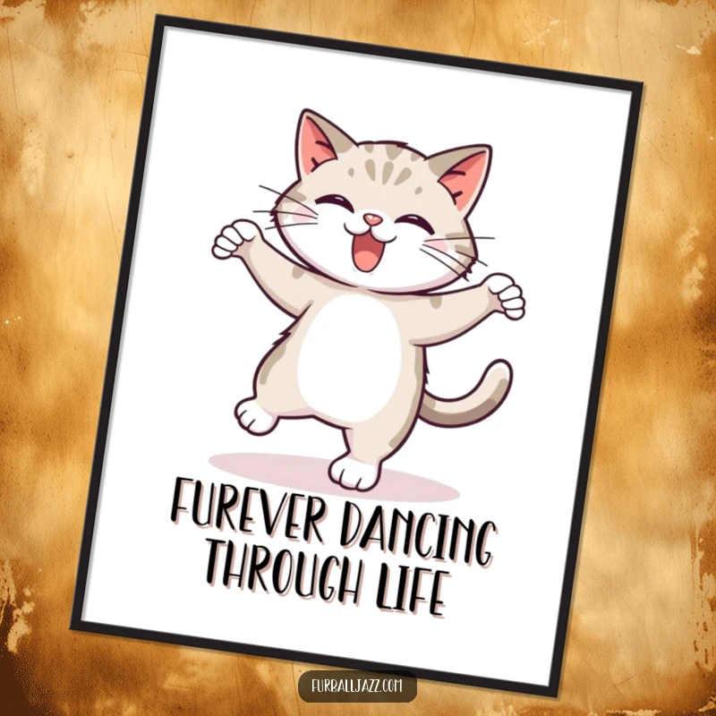 Funny Free Printable Wall Art of a cat enthusiastically tap dancing, showcasing a playful and rhythmic bounce.