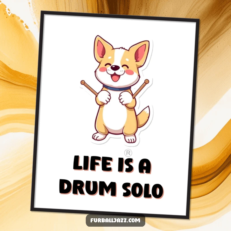 Funny Free Printable Wall Art: A dog energetically tapping drumsticks on its paw, a dynamic downloadable piece for music fans.