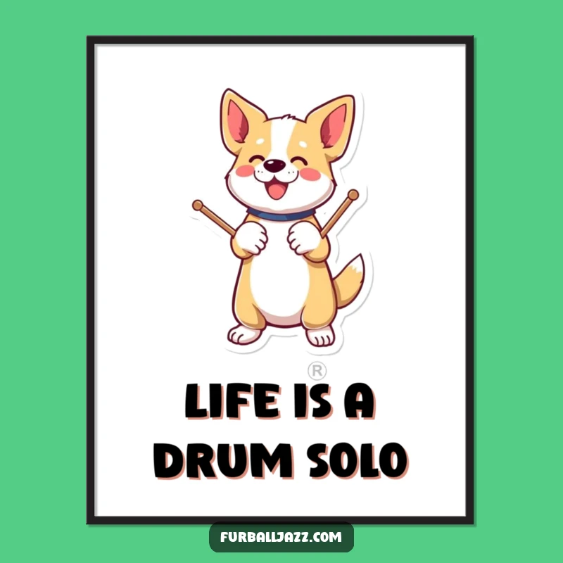 Free Printable Wall Art: Energetic Dog Drummer, Humorous Downloadable Decor