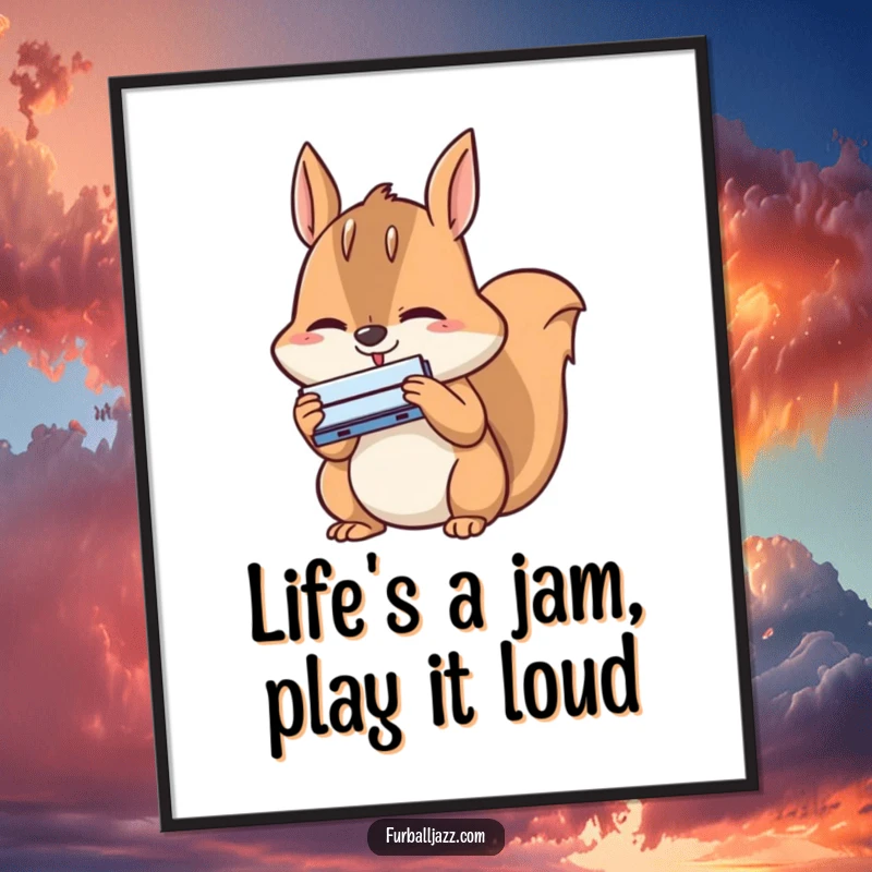 Funny Free Printable Wall Art: A happy squirrel plays a tiny harmonica with intense concentration, bringing a whimsical musical element.