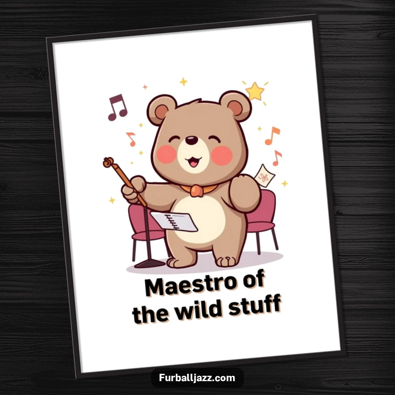Funny Free Printable Wall Art of a bear character passionately conducting a magnificent, invisible orchestra with immense glee.