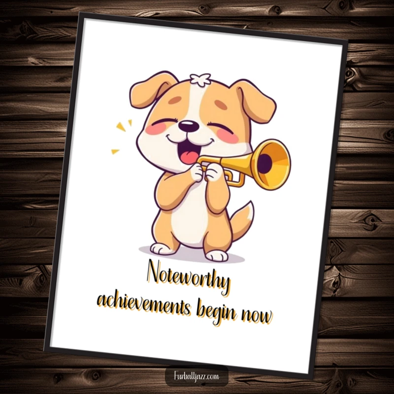 Funny Free Printable Wall Art: Dog playing a trumpet with eyes closed, lost in a blissful musical moment.