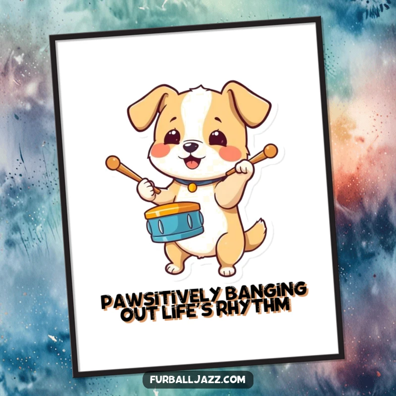 Funny Free Printable Wall Art: A dog energetically taps drumsticks on its paw, creating a lively and humorous visual.