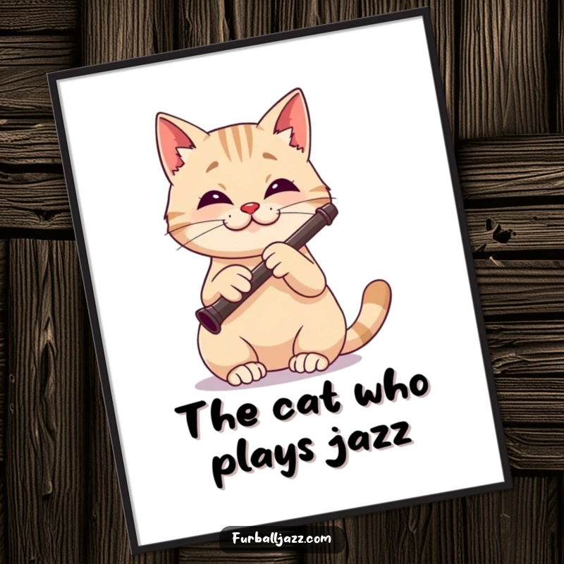 Funny Free Printable Wall Art: A cat with a happy, focused expression playing a clarinet with grace.