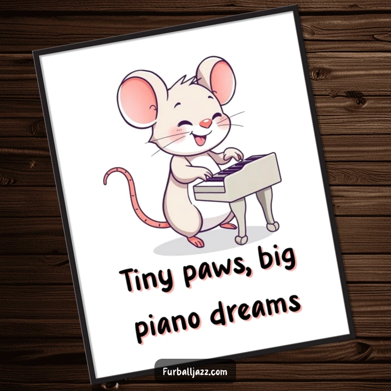 Funny Free Printable Wall Art: Smiling mouse playing a jaunty piano with tiny paws. Whimsical downloadable decor.