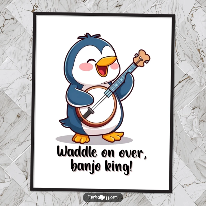 Funny Free Printable Wall Art: A cheerful penguin in mid-strum on his banjo, radiating pure musical joy and charm.