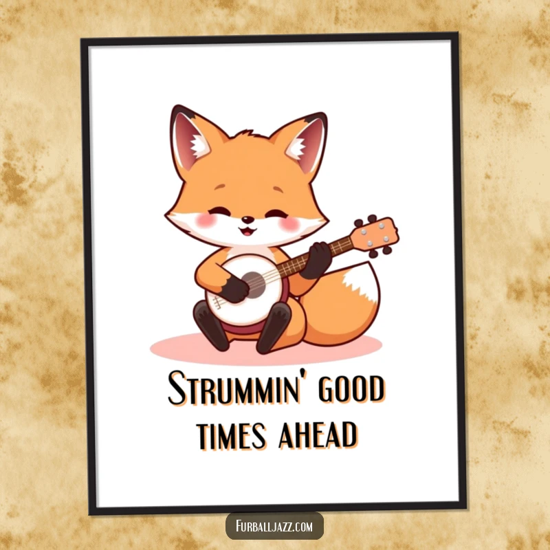 Funny Free Printable Wall Art of a fox happily playing a small banjo, perfect for music lovers.