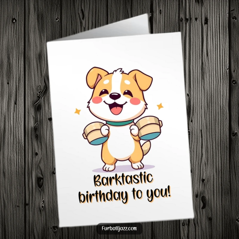 Funny Free Printable Birthday Card of a smiling dog character energetically crashing cymbals together with great enthusiasm.