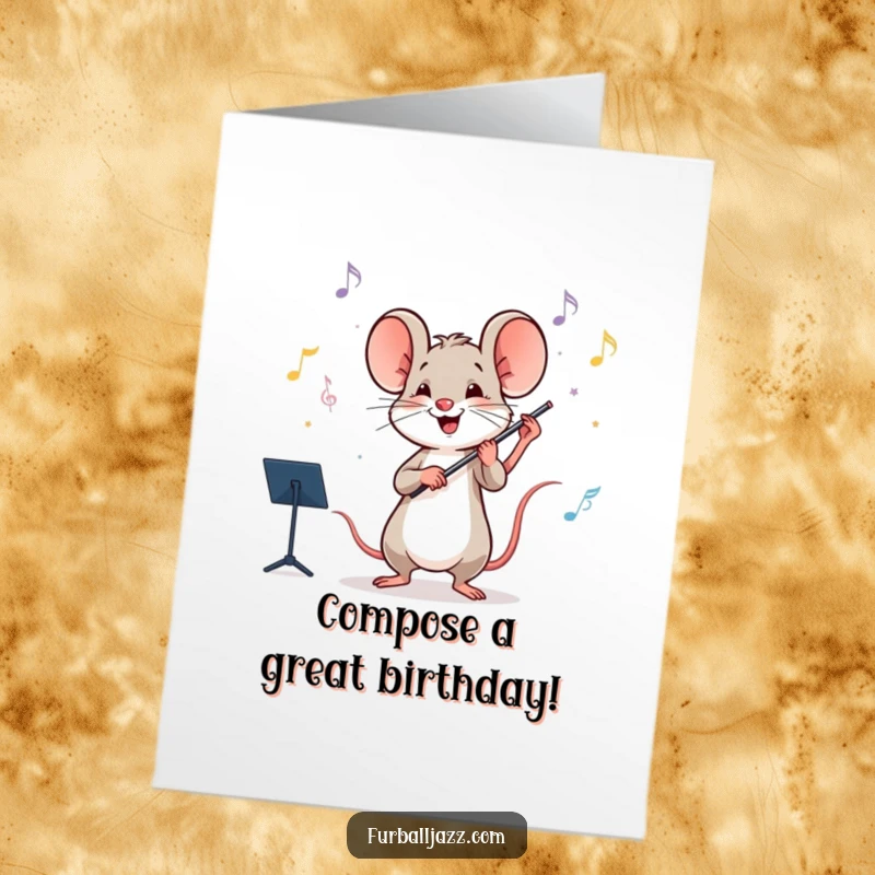 Funny Free Printable Birthday Card showing a happy mouse enthusiastically conducting an imaginary orchestra, ready to celebrate.