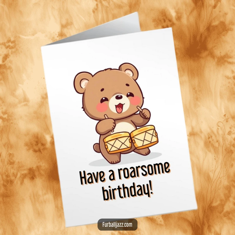 Funny Free Printable Birthday Card: An excited bear cub energetically crashing stylized cymbals, celebrating loudly