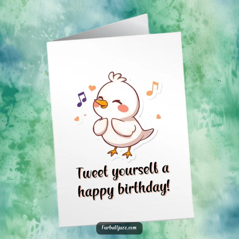 Funny Free Printable Birthday Card of a happy bird character fluting a cheerful melody, spreading birthday cheer with music.