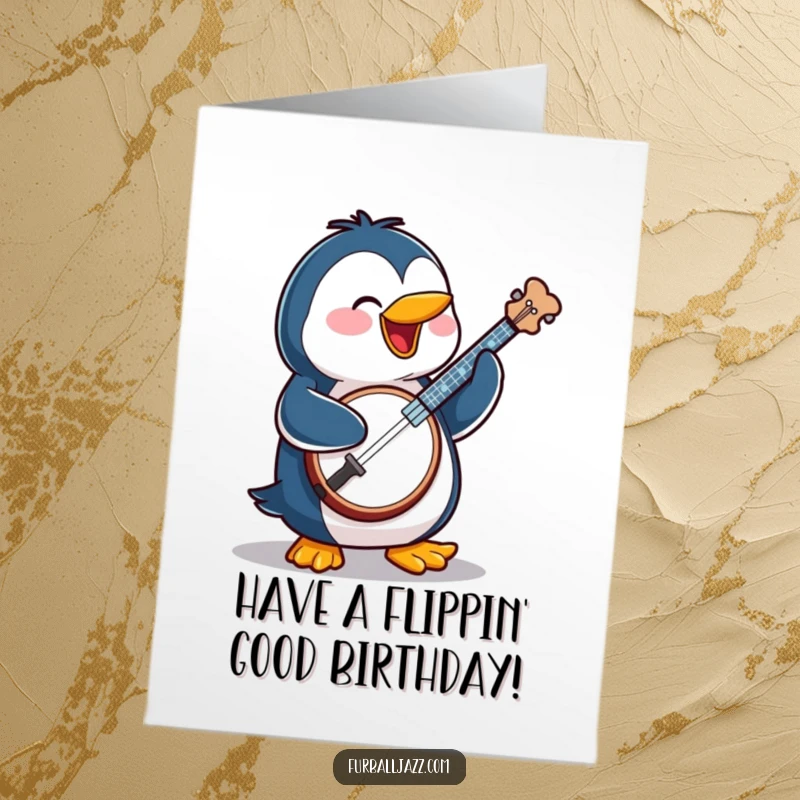Funny Free Printable Birthday Card: A happy penguin strums a banjo with enthusiasm, wishing a joyously musical birthday.