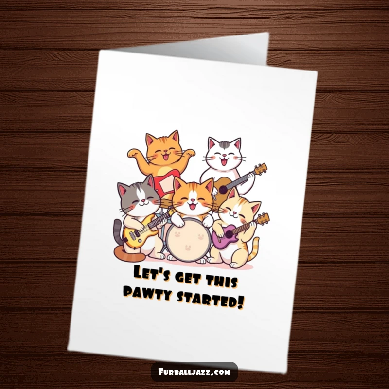 Funny Free Printable Birthday Card: A group of cats gleefully playing various musical instruments together.