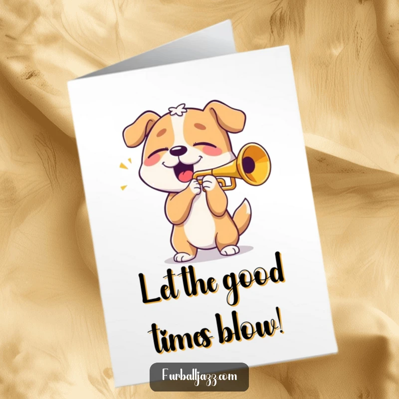 Funny Free Printable Birthday Card: Dog playing trumpet with eyes closed in pure joy, a musical maestro.