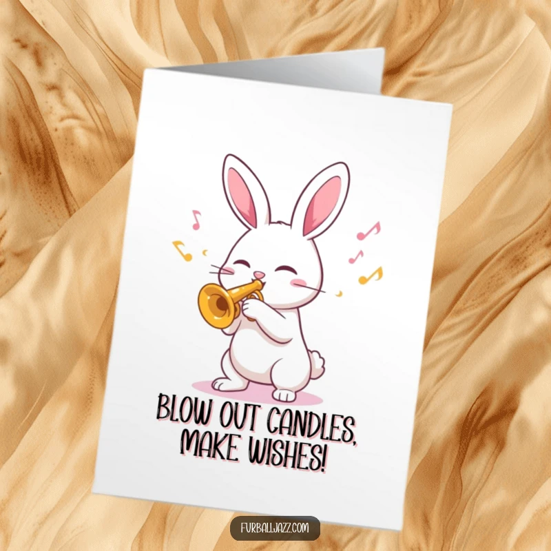 Funny Free Printable Birthday Card: A cheerful rabbit blasts a trumpet with vibrant, happy musical notes, spreading birthday cheer.