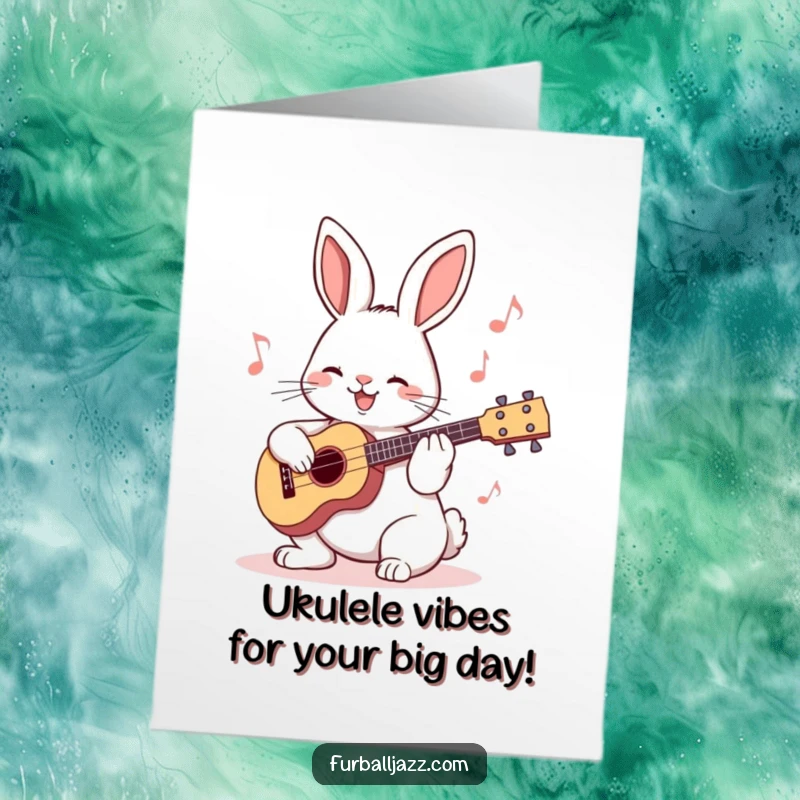 Funny free printable birthday card: A joyful rabbit plays a ukulele with a big smile, ready to serenade a special occasion.