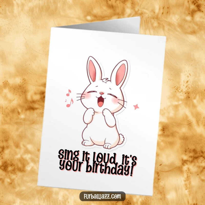 Funny Free Printable Birthday Card: Rabbit joyfully scat singing with eyes closed and paw up, a blast of musical comedy.