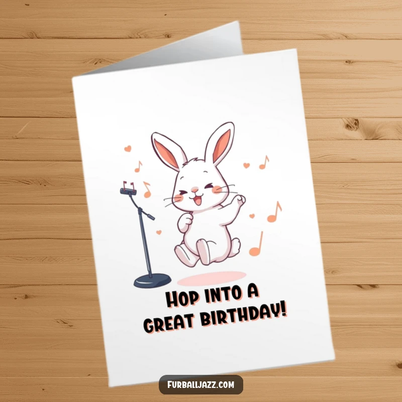 Funny Free Printable Birthday Card: Rabbit tapping foot to jazz, celebrating with rhythm, a downloadable gift.
