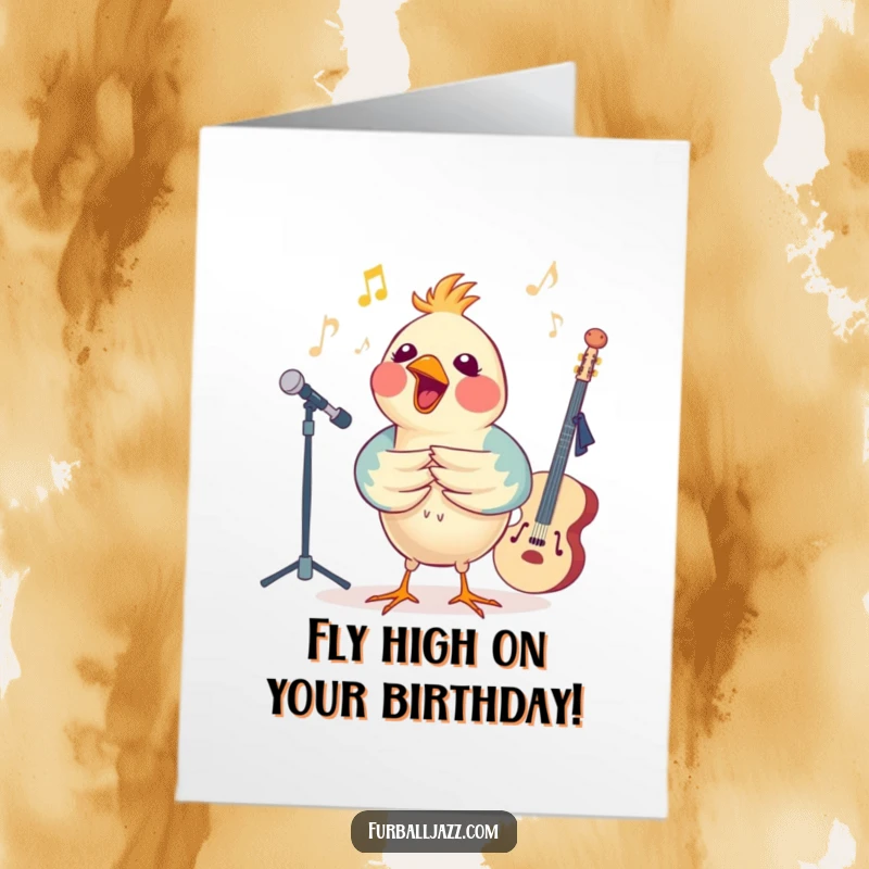 Funny Free Printable Birthday Card with a cheerful bird belting out tunes with a jazzy ensemble, full of birthday spirit.