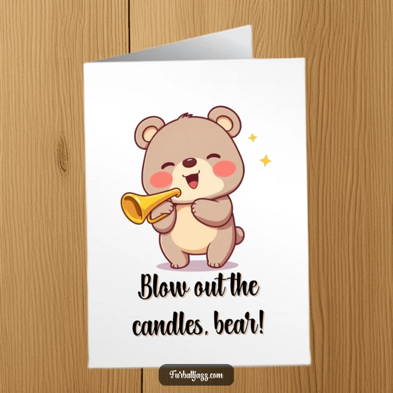 Funny free printable birthday card: A smiling bear plays a shiny trumpet, blasting out happy birthday tunes with great enthusiasm.