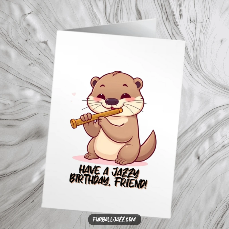 Funny Free Printable Birthday Card featuring a playful otter smoothly playing a jazz flute, bringing birthday cheer.