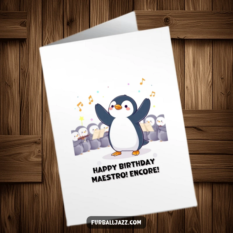 Funny Free Printable Birthday Card: Penguin character dramatically conducting an invisible orchestra, full of flair. A hilarious downloadable.