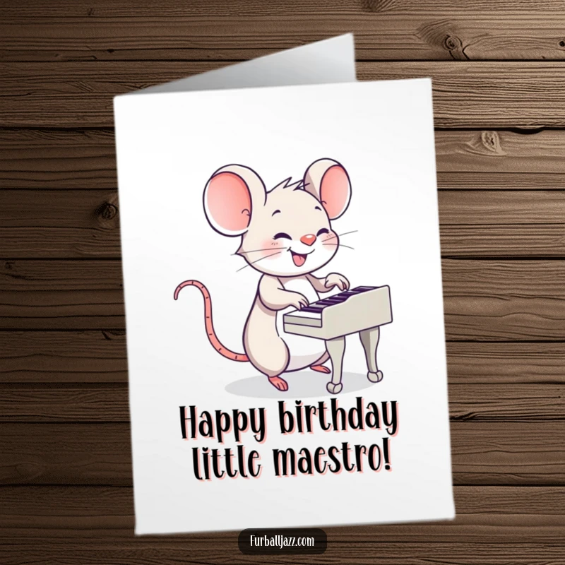 Funny Free Printable Birthday Card: Smiling mouse playing a jaunty piano with tiny paws, sending birthday wishes. A musical downloadable.