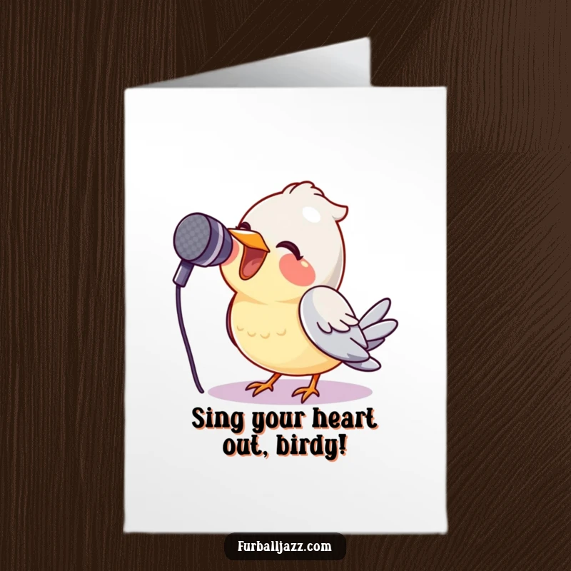 Funny Free Printable Birthday Card: A bird belts out a tune into a microphone, smiling widely in a rockstar performance.