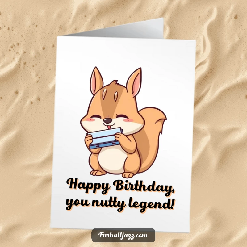 Funny Free Printable Birthday Card: A happy squirrel intensely concentrates while blowing a tiny harmonica, perfect for a quirky celebration.