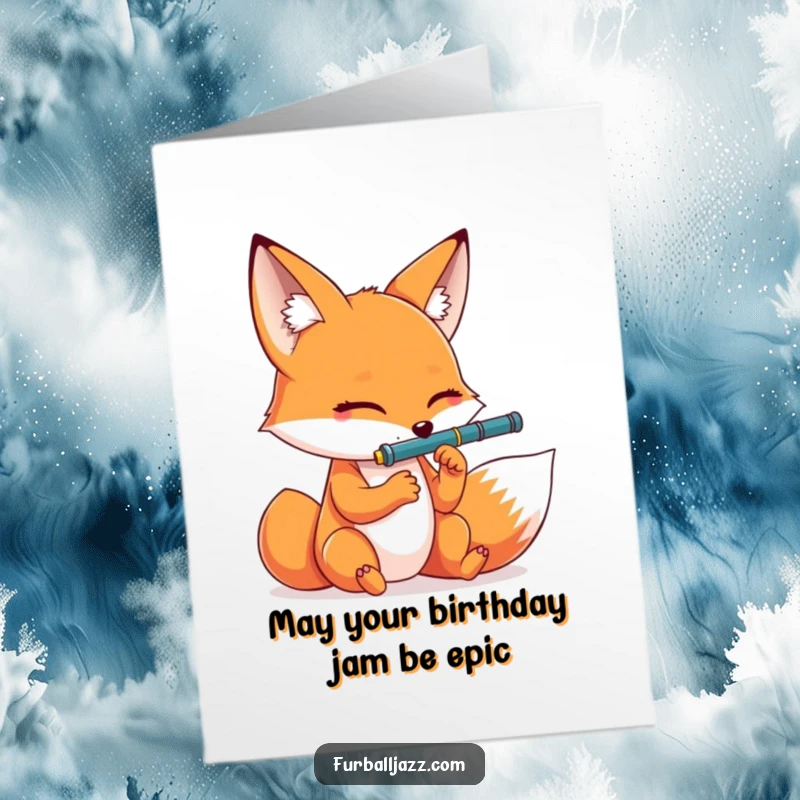 Funny Free Printable birthday card featuring a dramatic fox with closed eyes playing a clarinet, perfect for a music lover's DIY gift.
