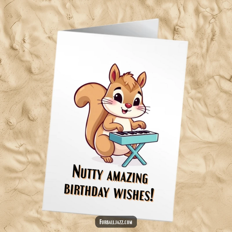 Funny Free Printable Squirrel Birthday Card: An energetic squirrel character joyfully playing a tiny piano for a birthday.