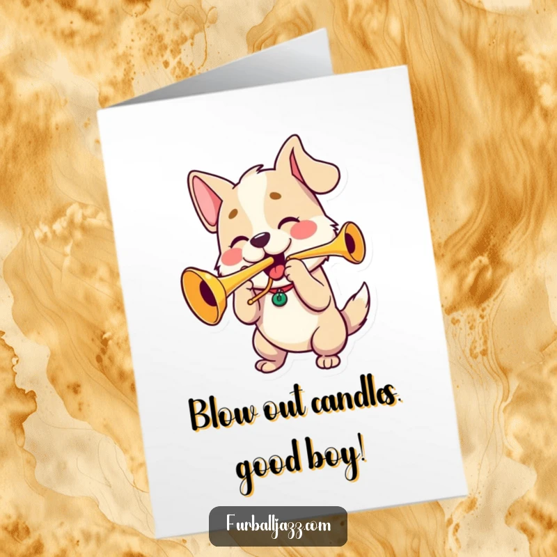 Funny Free Printable Birthday Card: A happy dog with puffed cheeks enthusiastically plays a trumpet, ready to blow out the candles.