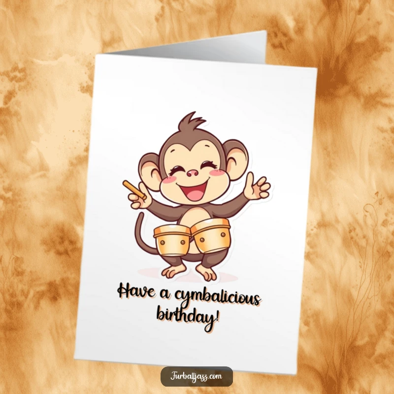 Funny Free Printable Birthday Card: Monkey joyfully crashing cymbals, ready to celebrate with a loud, happy birthday wish.