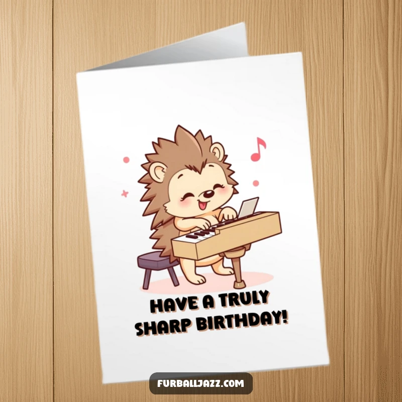 Funny Free Printable Birthday Card: Smiling hedgehog happily playing a lively tune on a piano, sending cheerful birthday wishes.
