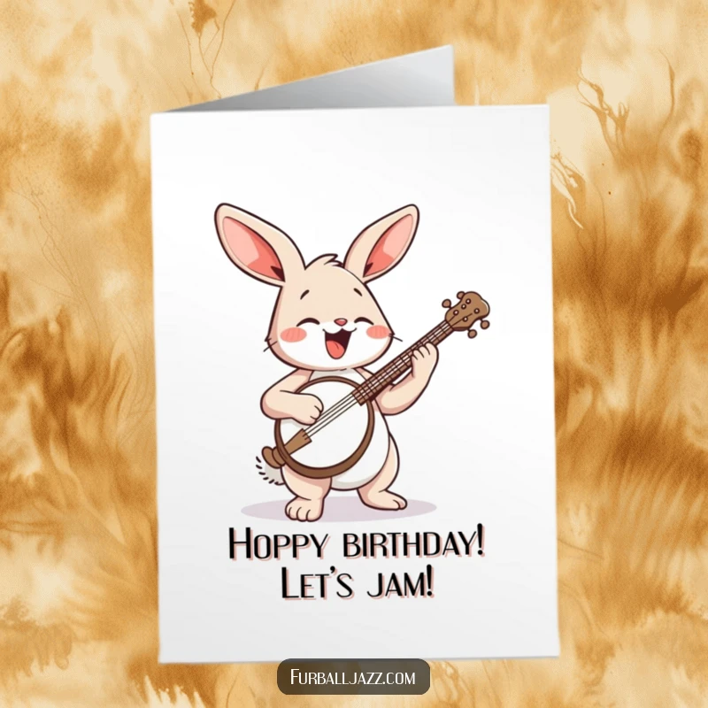Funny Free Printable Birthday Card: Bouncing rabbit joyfully plays banjo, spreading musical cheer and birthday wishes. A downloadable delight.