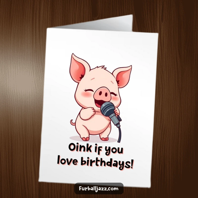 Funny Free Printable Birthday Card: A jubilant piglet belts out a tune into a microphone, ready for a hilarious celebration.